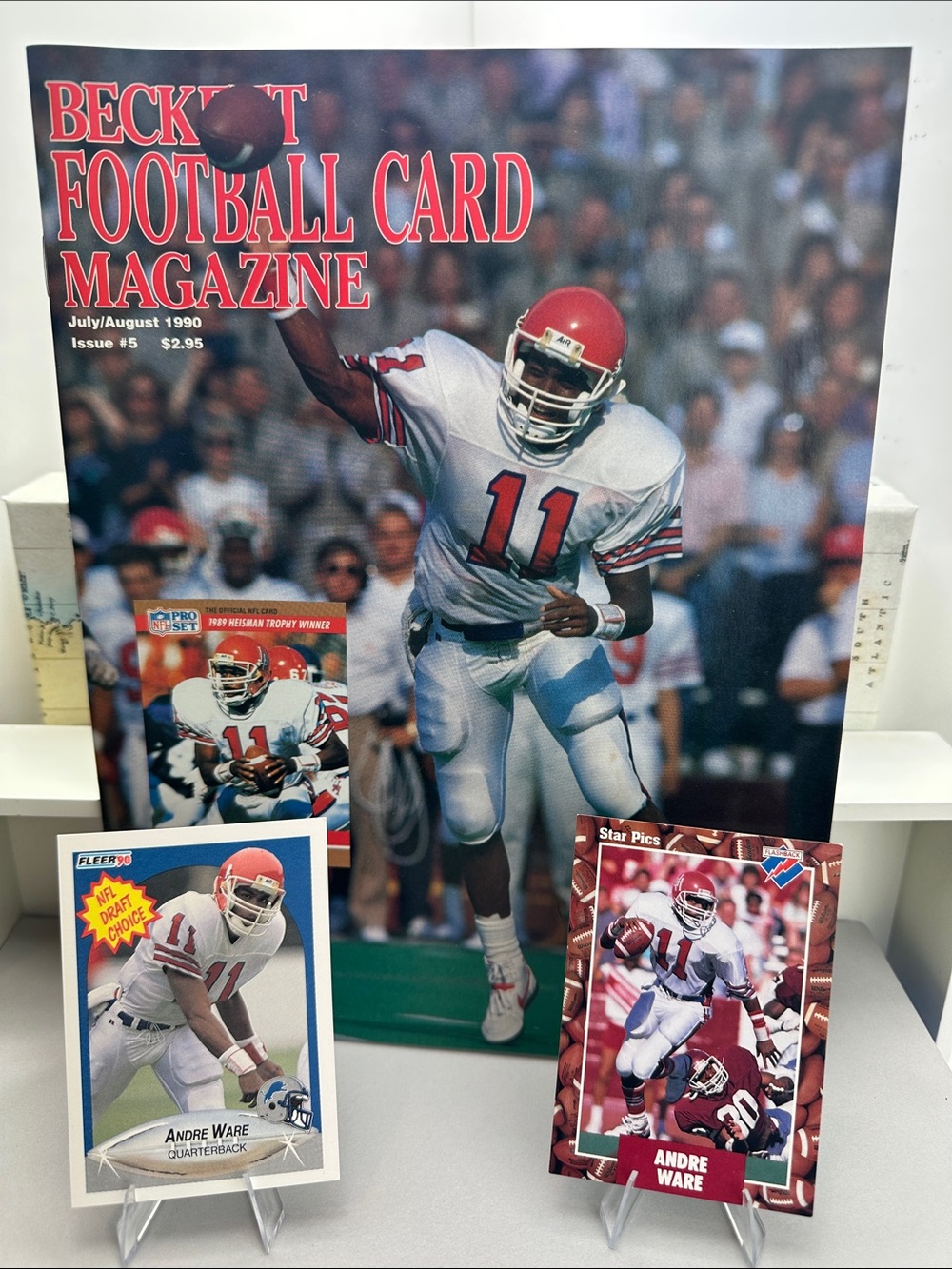 Andre Ware July/Aug 1990 Beckett Magazine + 2 vintage rookie cards